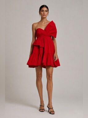 Mac Duggal Cherry Red Faile Strapless Twist Bow Flounce Mini Dress. Size 6.